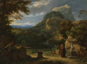 Sint Antonius van Padua introduceert twee novicen bij broeders in een berglandschap