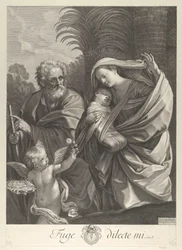 De vlucht naar Egypte, de Heilige Familie loopt samen, Sint Jozef wijst naar..., ca. 1648-81