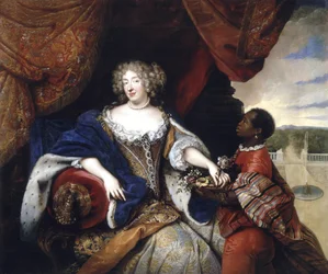 Portret van Elizabeth Charlotte van de Palts met haar slavin