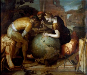 Geometrie. Allegorie en personificatie van Geometrie die een passer boven een wereldbol houdt. Verschillende geometrische instrumenten zijn in de voorgrond gerangschikt.
