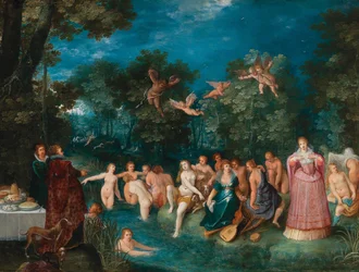 Diana en haar nimfen baden, met een hertenjacht op de achtergrond, ca. 1606