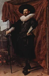 Willem van Heythuysen poserend met een zwaard