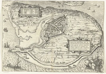 Kaart van het eiland Voorne en plattegrond van Brielle, 1572