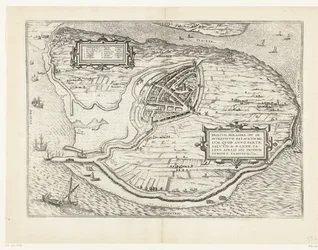 Kaart van het eiland Voorne en plattegrond van Brielle, 1572