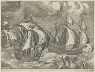 Drie oorlogsschepen, op de voorgrond Arion op een dolfijn (Zeilschepen)