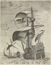 Een oorlogsschip begeleid door een galei