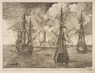 Viermaster links en twee driemasters voor anker bij een versterkt eiland met een vuurtoren, 1561-65