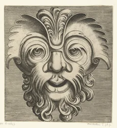 Masker met baard en snor met krullen, een toef krullen rust op de neuswortel