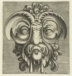 Masker met schotels rond de ogen en een toef krullen op het hoofd (Pourtraicture ingenieuse de plusieurs facons de masques)