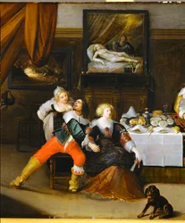 Societyscène, een foto van Danae op de achtermuur (schilderij op eikenhout)