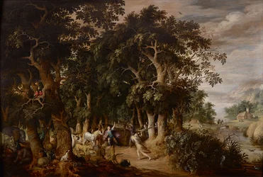 Een open plek in een dicht bebost landschap met veel dieren en Orpheus aangevallen door de Thracische vrouwen