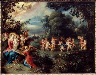 Madonna met het kind in een landschap omringd door muzikanten en dansende engelen