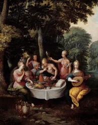 De vijf zintuigen: jonge vrouwen in een landschap met banket (smaak), muziek (horen), spiegel (zien), bloemenboeket (ruiken) en streling (voelen). Detail
