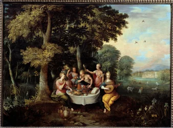 De vijf zintuigen: jonge vrouwen in een landschap met banket (smaak), muziek (gehoor), spiegel (zicht), bloemenboeket (reuk) en aanraking (tast).