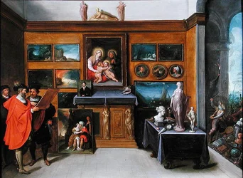 Een interieur met een verzameling schilderijen