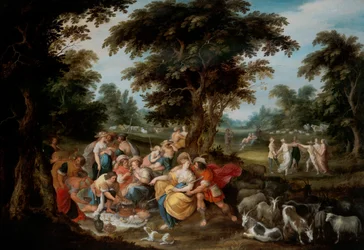 Arcadia: een pastorale landschap met herders en herderinnen die picknicken