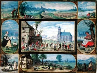 Compositie van tien allegorische scènes van het leven in de stad en op het platteland