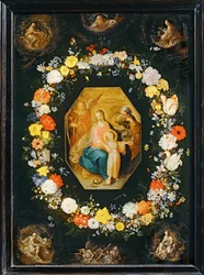 De Heilige Familie omringd door een bloemenkrans ...