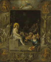 De bespotting van Christus, in een grisaille-omlijsting die God de Vader, de Evangelisten, de Kruisiging, de Opstanding en de Duivel en de Dood met de Gekroonde Slang afbeeldt