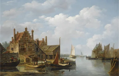 Uitzicht op een dorp aan de rivier