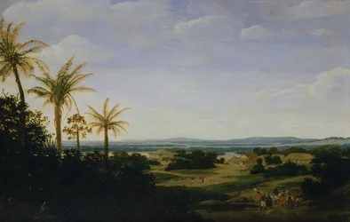Braziliaans landschap met de Portugese residentie, de kerk en de Casa Granda, de rivier Varzea daarachter