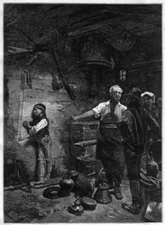 Portret van Gioachino Rossini (1792-1868), Italiaanse componist in de werkplaats van de ketelmaker - gravure naar het schilderij van Franz Meerts (1836-1896)