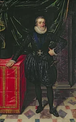 Portret van Hendrik IV, koning van Frankrijk, in een zwart kostuum, c.1610