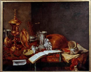 Stilleven met kunstobjecten (koperen beker, zilverwerk, luit). Dunkerque, Musée des Beaux Arts