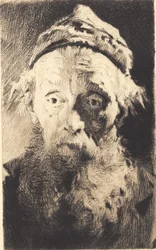 Oude man met witte wollen muts, en face