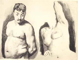 Proefplaat met twee studies naar naakte mannelijke en vrouwelijke modellen in halffiguur