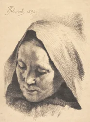 Oude vrouw met kap over haar hoofd