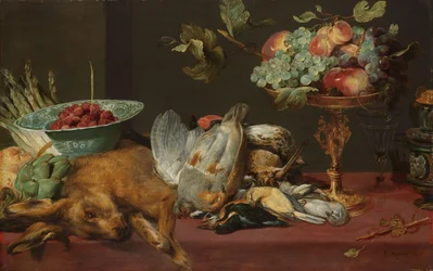 Stilleven met dood wild, fruit en groenten