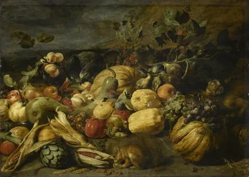 Groenten en fruit met een aap, een papegaai en een eekhoorn