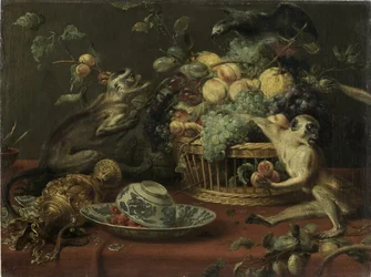 Apen en papegaai bij een fruitmand