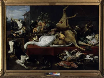 Stilleven van wild, vis, fruit en groenten