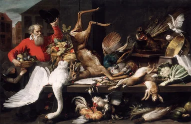 Stilleven met Dood Wild, Fruit en Groenten op een Markt
