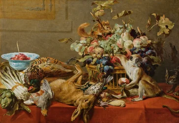 Stilleven met fruit, dood wild, groenten, een levende aap, eekhoorn en kat