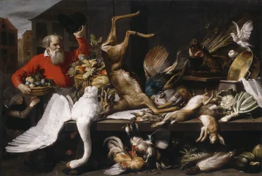 Stilleven met dood wild, fruit en groenten op een markt, 1614