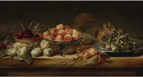 Stilleven met perziken in een Tazza, hazelnoten op een tinnen bord, frambozen in een mandje, met peren en een eekhoorn op een tafel
olieverf op paneel