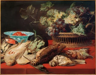 Stilleven – Mand met druiven, vogels en aardbeien