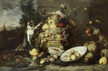 Drie apen die vruchten stelen, met uitzicht op een landschap