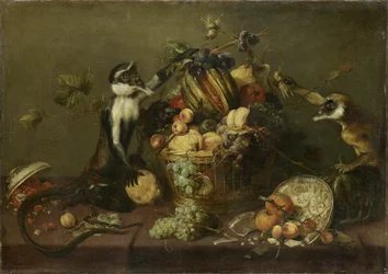 Twee apen plunderen een fruitmand