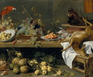 Stilleven met fruit, groenten en dood wild, 1635