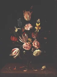 Tulpen, rozen, een iris en een narcis