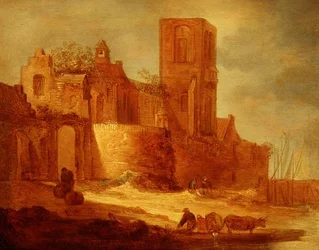 Een verwoeste abdij bij een waterweg met boeren en vee op de voorgrond