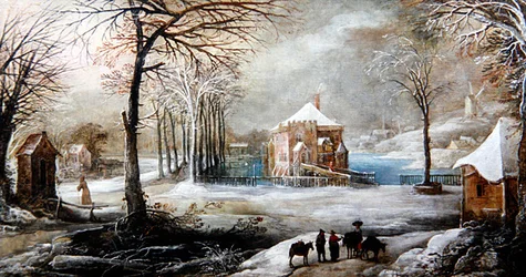 Een winterlandschap met figuren en paarden