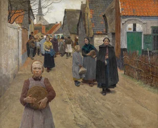 De distributie van brood in het dorp