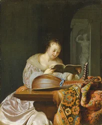 Een interieur met een vrouw die muziek leest aan een gedeeltelijk gedekte tafel met een dubbelkops luit, 1671