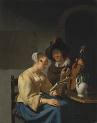 Vrouw met bladmuziek en een man met een viool