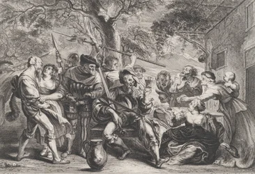 Don Quichot en troepen van La Santa Hermandad buiten een taverne, ca. 1635-1679